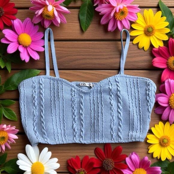 Zara Tops - Zara Crop Tank Size Medium Light Blue Cable Knit Sweetheart Coquette Knit Top